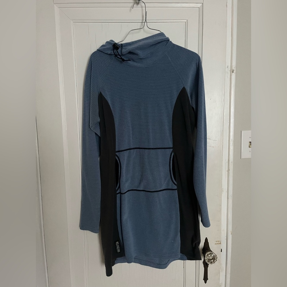 Melanzana Micro Grid Fleece Hoodie Dress Womens Large Purple/Periwinkle Grey